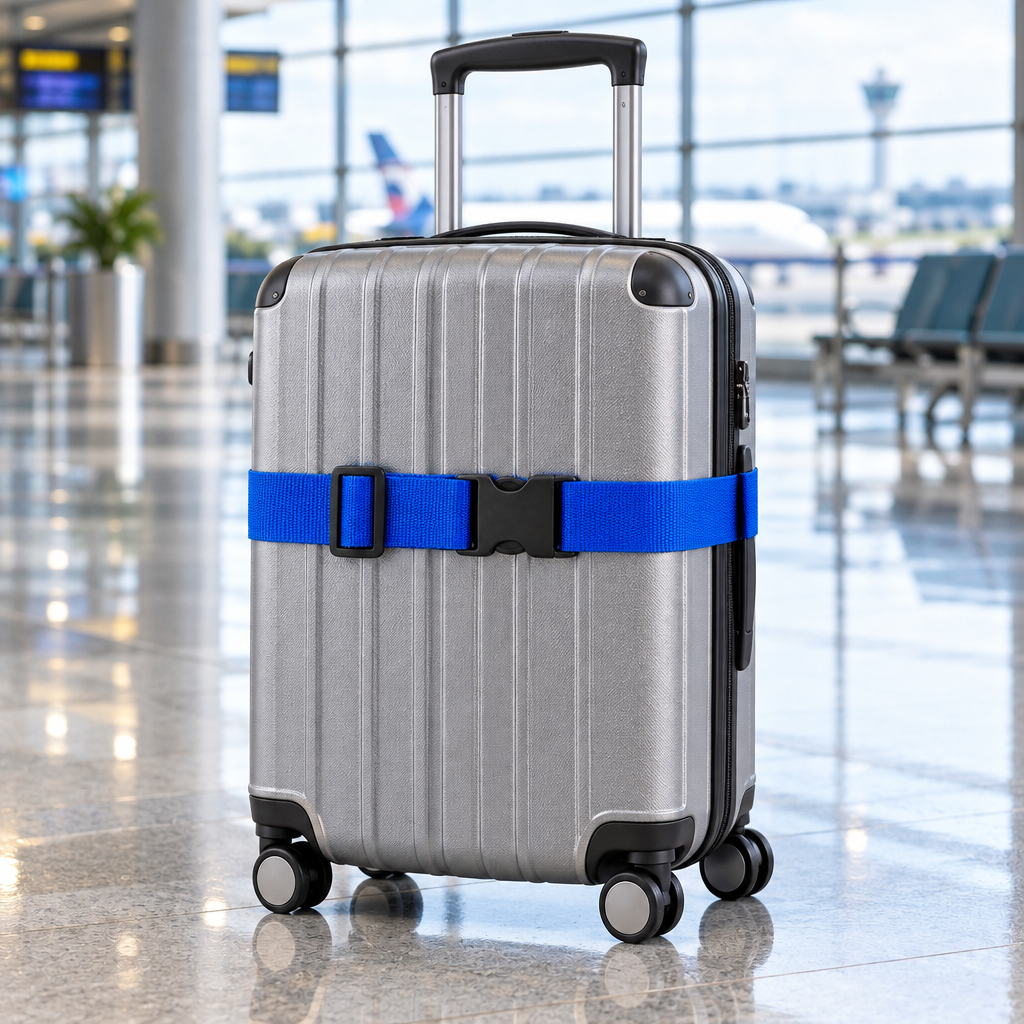 Adjustable luggage strap tightly secured around a silver rolling suitcase at a Malaysian airport terminal