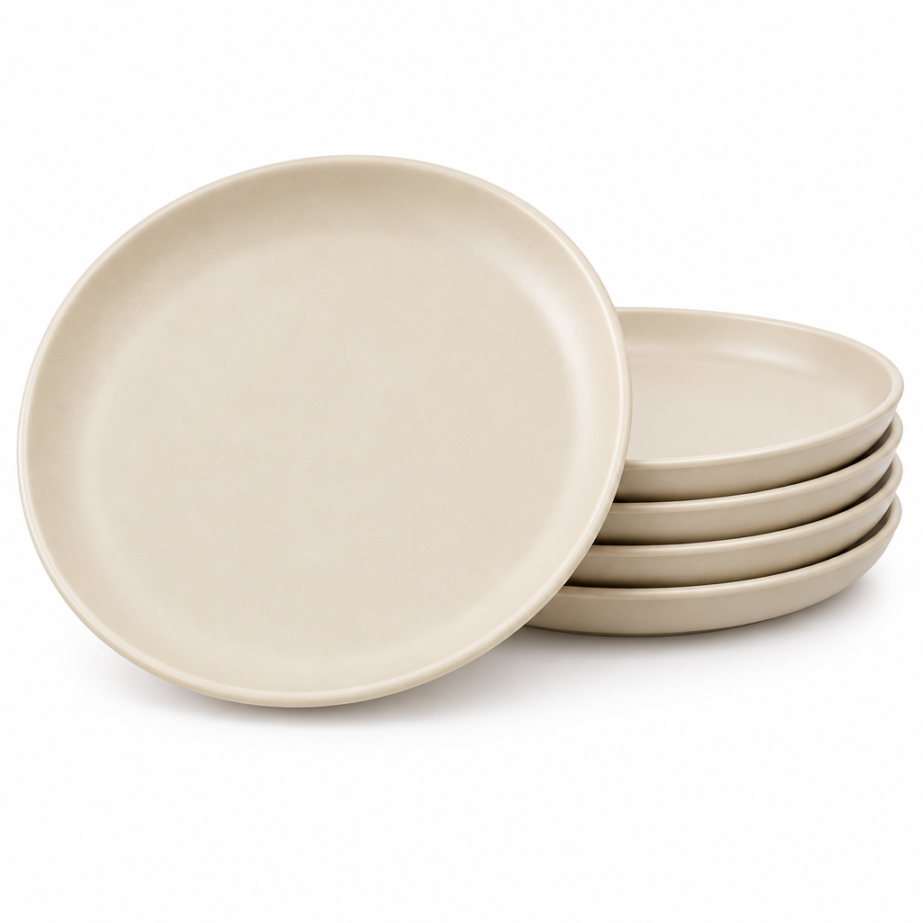 Empty round plastic dinner plate showing durable food-grade texture, alongside a stack of four nested plates demonstrating compact stackable storage on a pure white background