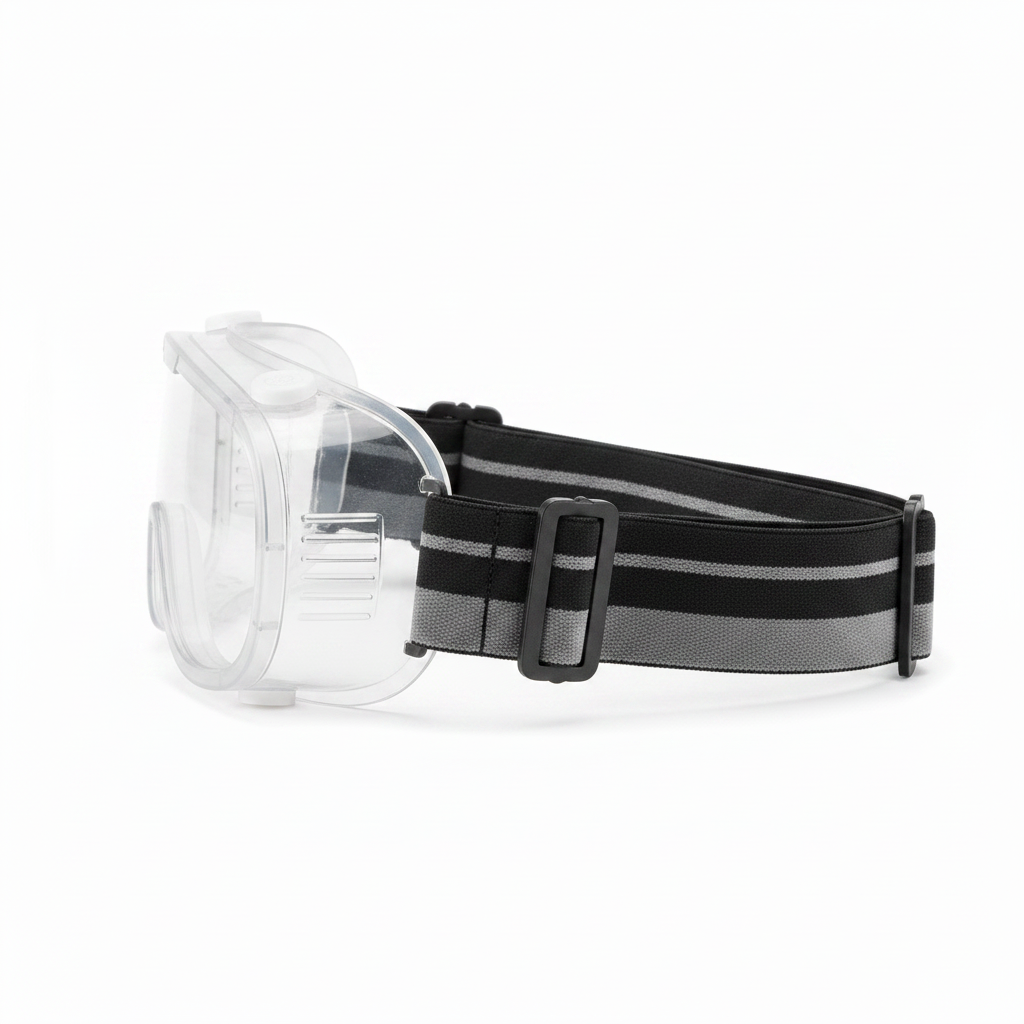 Side profile of panoramic safety goggles showing adjustable elastic headband strap on white background