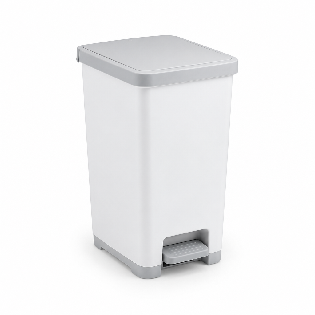 Pedal-operated household trash bin in neutral white and light grey on pure white background
