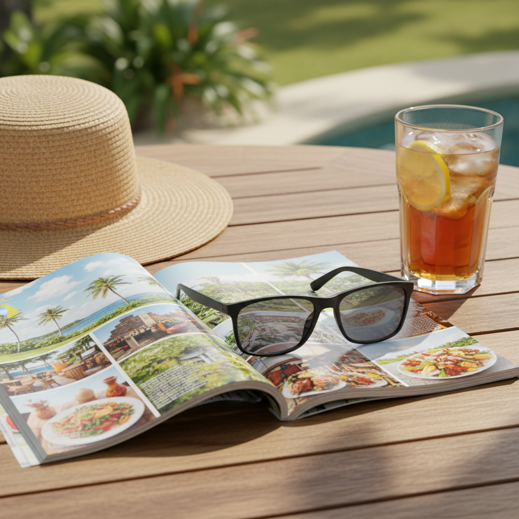 Sun reading glasses on travel magazine with straw hat on sunny patio table