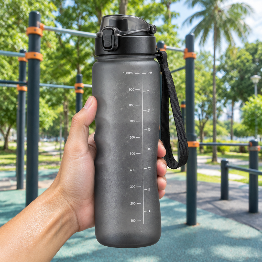 Sports water bottle held after exercise at an outdoor fitness calisthenics park in Malaysia