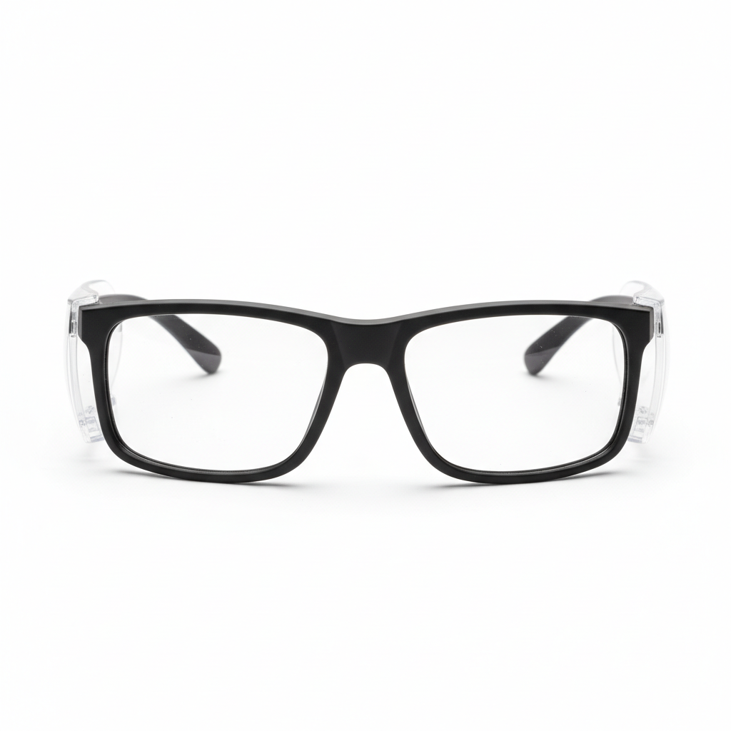 Protective safety goggles with removable side shields installed on white background