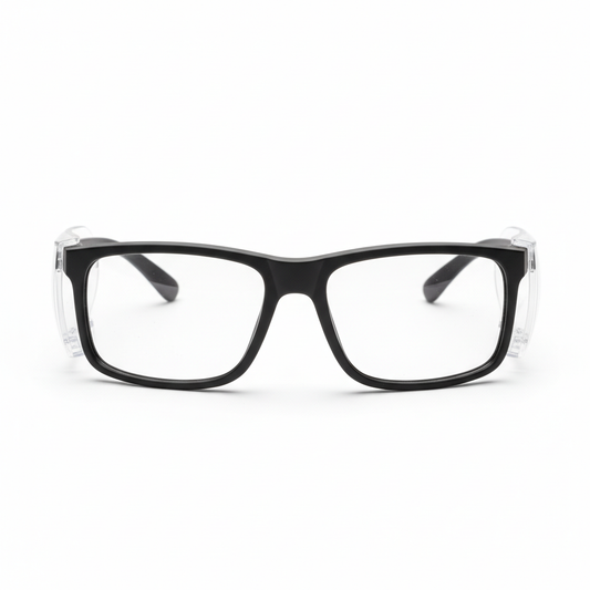 Protective safety goggles with removable side shields installed on white background