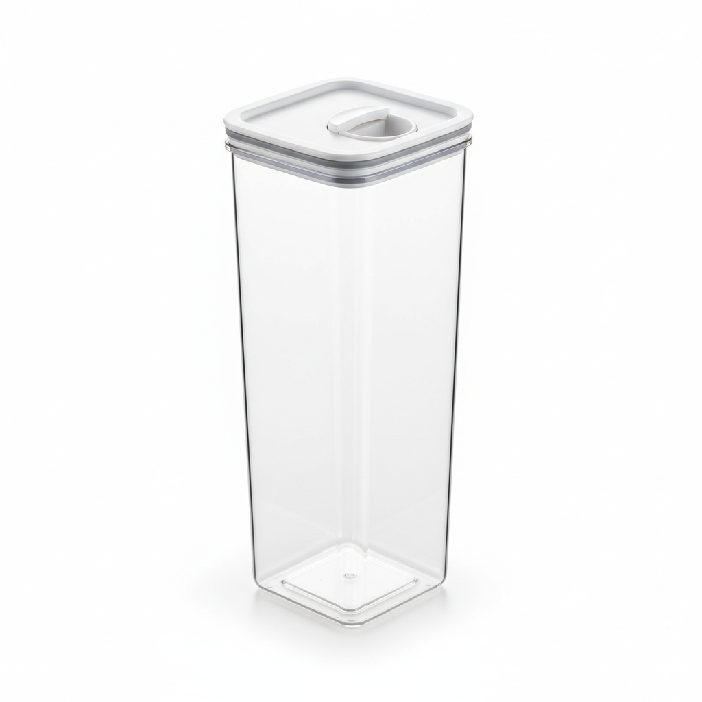 Tall clear airtight grain storage container with white sealing lid on pure white background