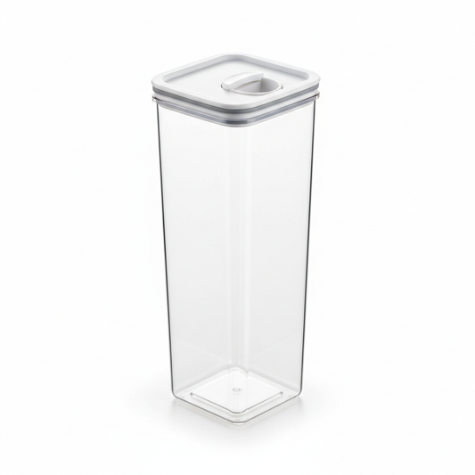Tall clear airtight grain storage container with white sealing lid on pure white background
