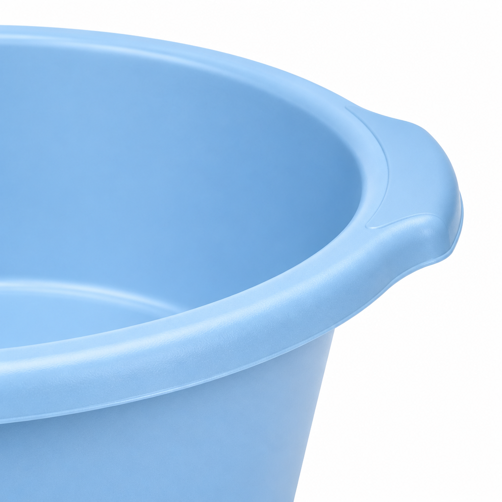 Macro close-up of plastic basin rolled rim, curved lifting lip, and durable polypropylene surface