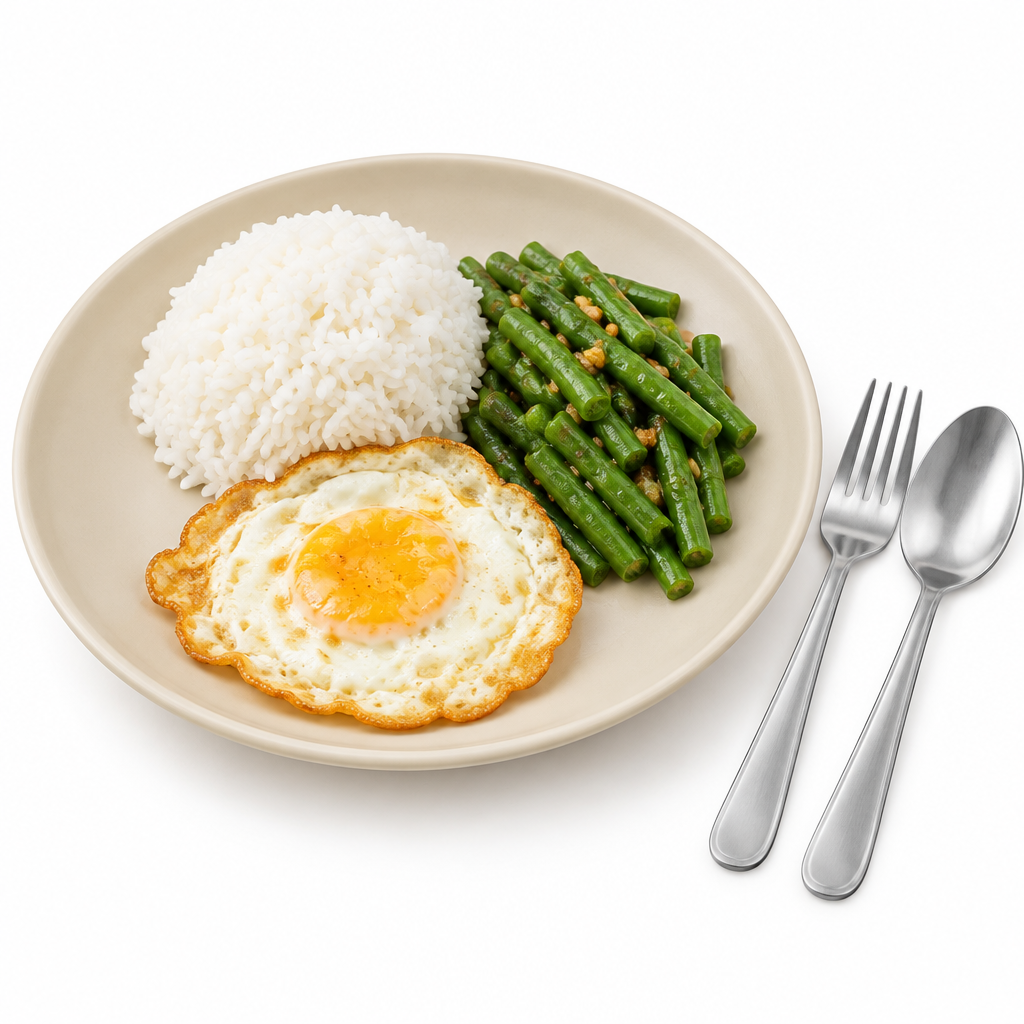 Round lightweight plastic dinner plate served with steamed rice, green beans, and a fried egg with fork and spoon on a seamless pure white background