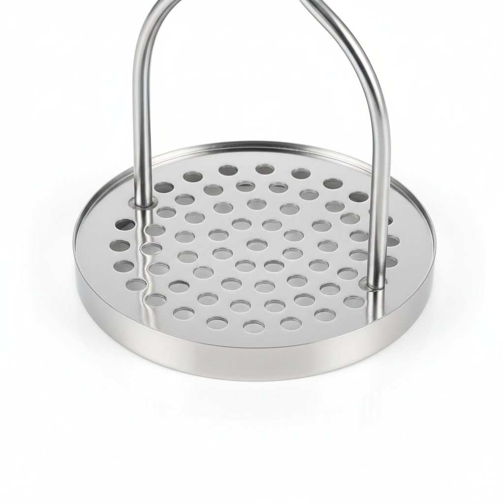 Macro detail of round perforated stainless steel mashing plate, extrusion holes, and welded frame