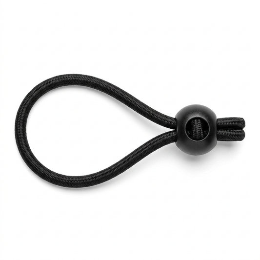 Heavy-duty black tarp ball bungee cord with elastic loop and molded spherical ball stopper on pure solid white background