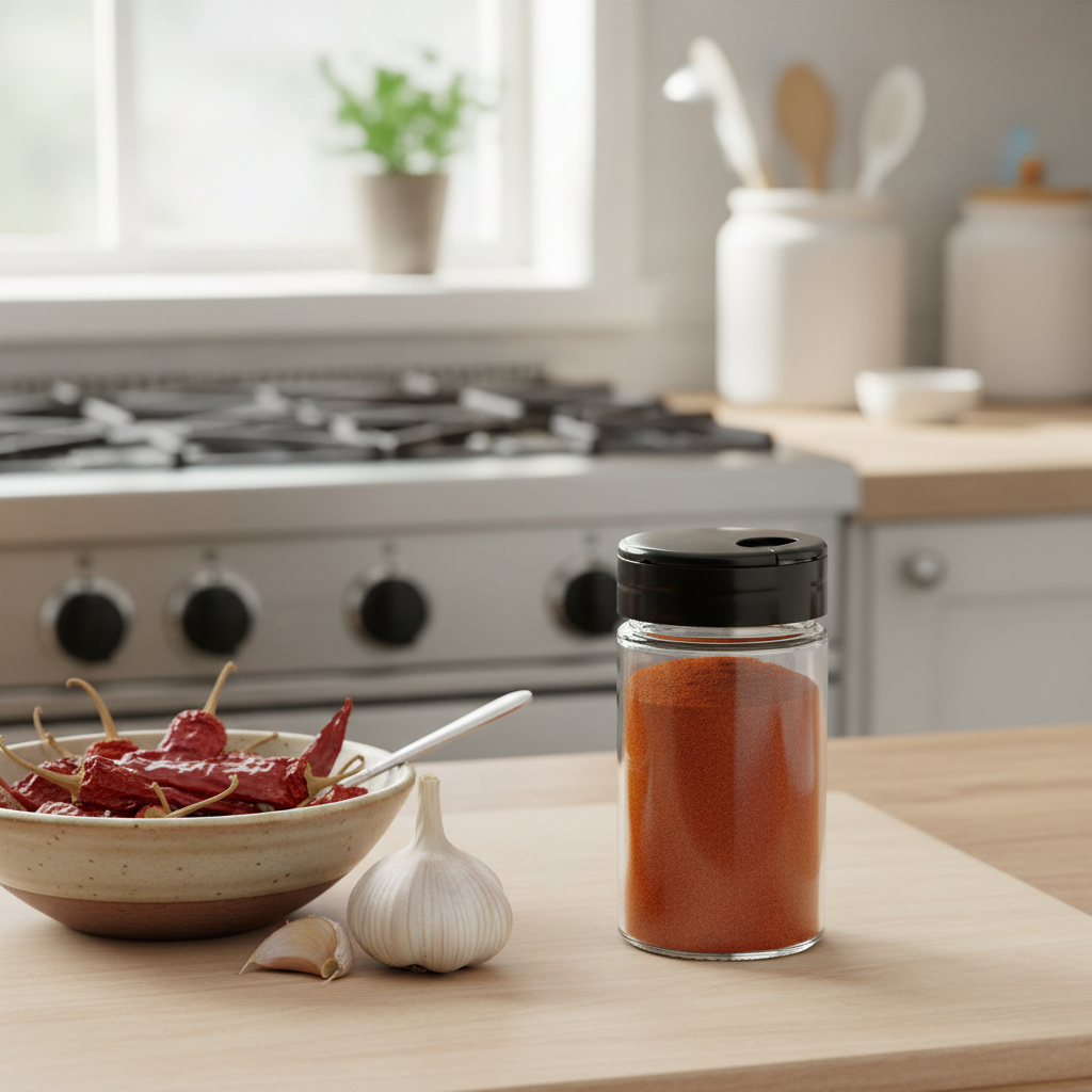 Spice storage container on a kitchen countertop beside dried chili peppers and garlic