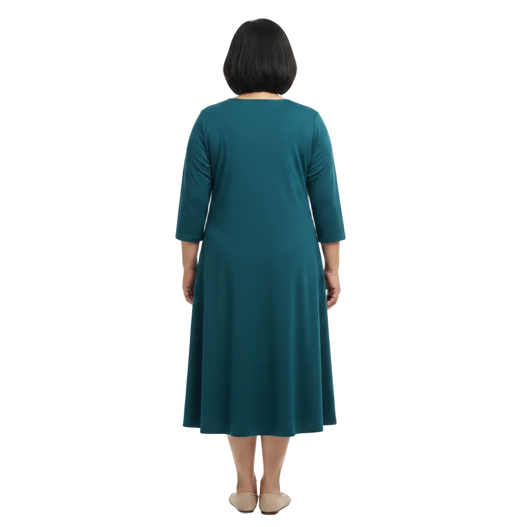 Back view of solid color A-line dress with three-quarter sleeves on white background