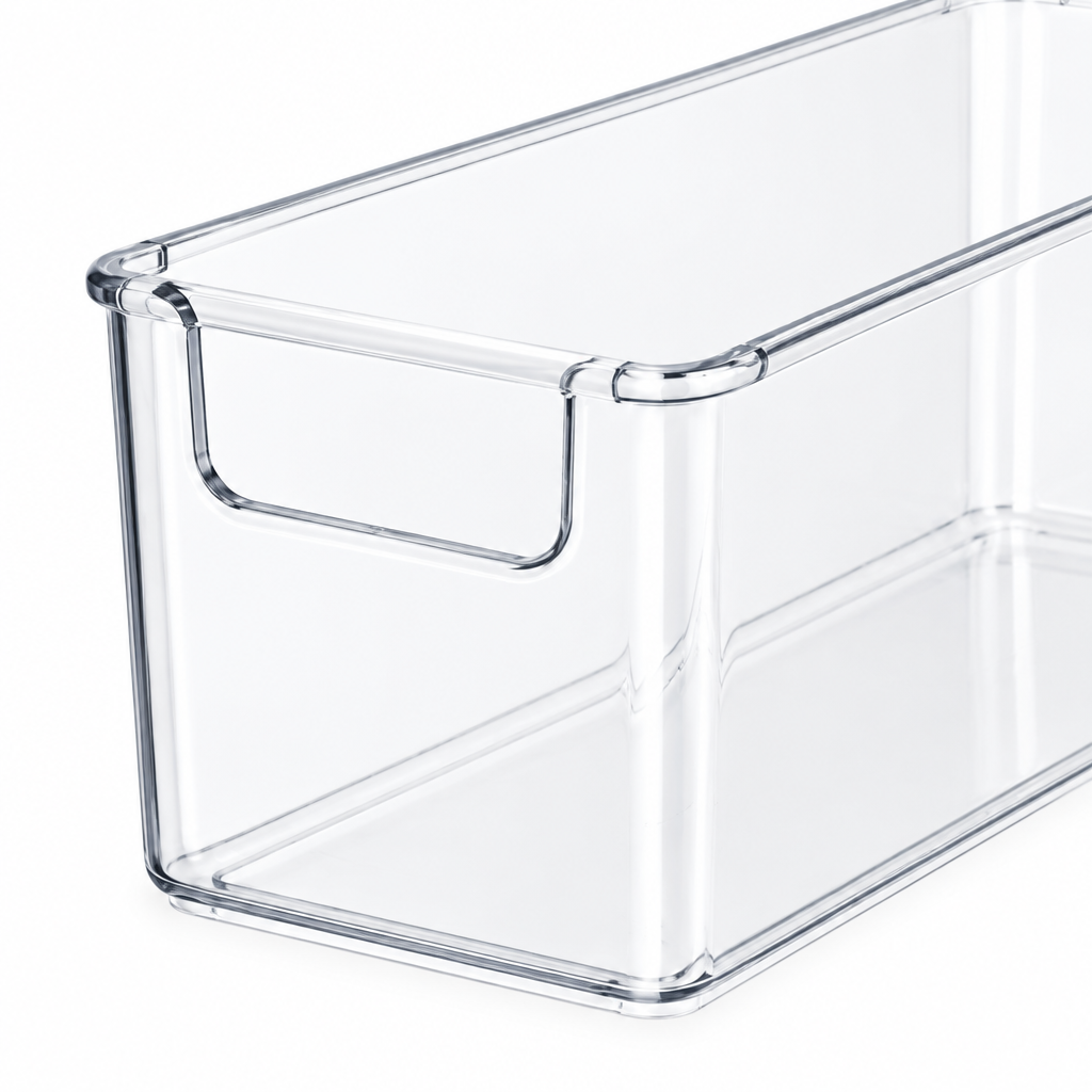 Close-up of the clear refrigerator bin front pull handle and rounded edges