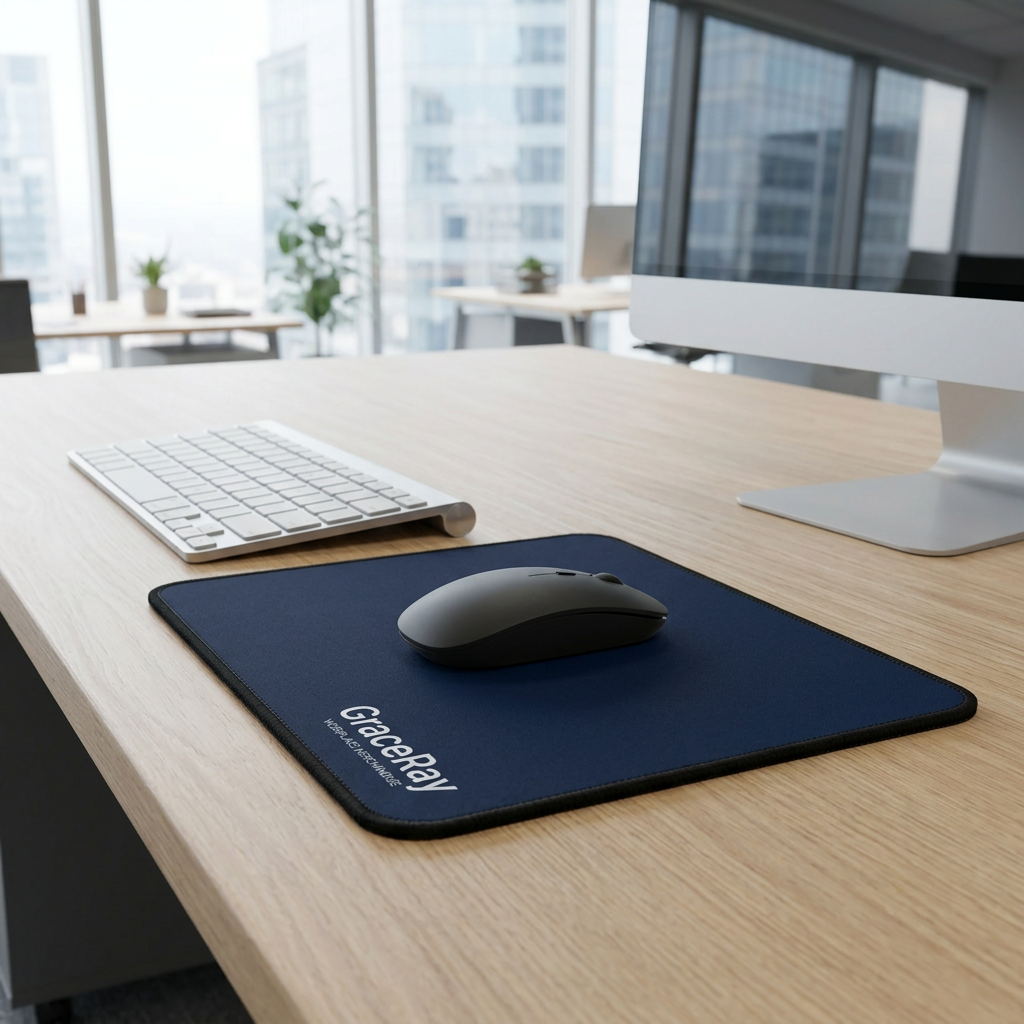 Custom mouse pad in use with keyboard and wireless mouse on an executive office workstation desk