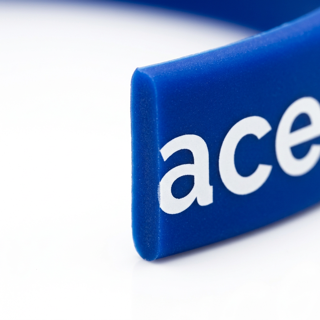 Detail close-up of promotional silicone wristband showing 2mm thickness, rounded comfort edges, and matte surface texture on white background