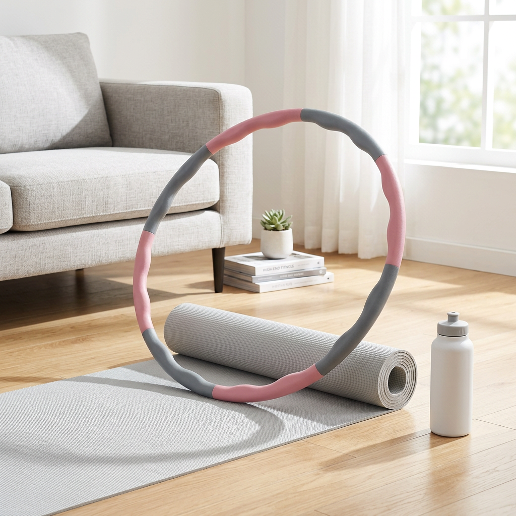 Weighted foam hula hoop leaning against an exercise mat in a bright home workout area
