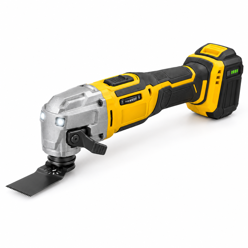 20V brushless cordless oscillating multi-tool with quick-change clamp lever, bi-metal plunge cut blade, and lithium battery on a pure white background