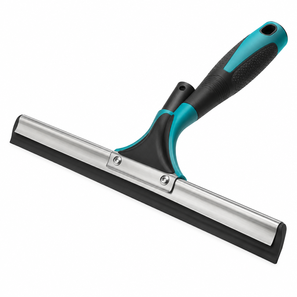 Window cleaning squeegee with stainless steel channel, black rubber blade, and teal-black handle on white background