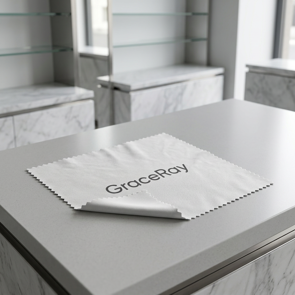 Custom printed microfiber cleaning cloth neatly displayed on an optical boutique counter for retail accessories presentation
