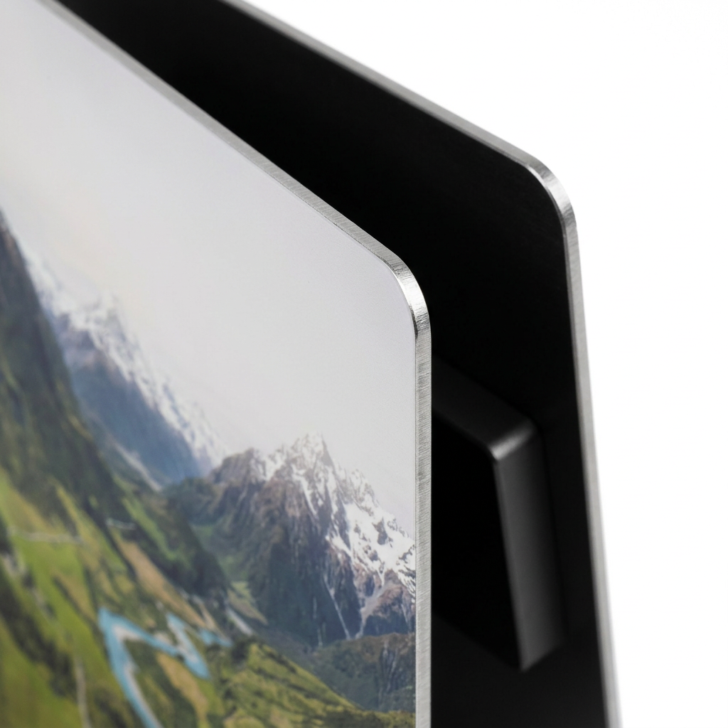 Detail close-up of aluminum photo print showing 1.1mm plate thickness, radius corner, and rear float mount on white background