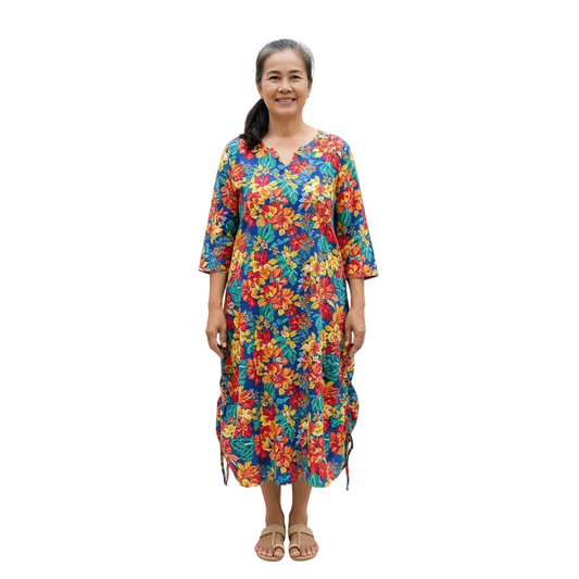 Women’s Casual Ruched Midi Dress with Adjustable Side Detail