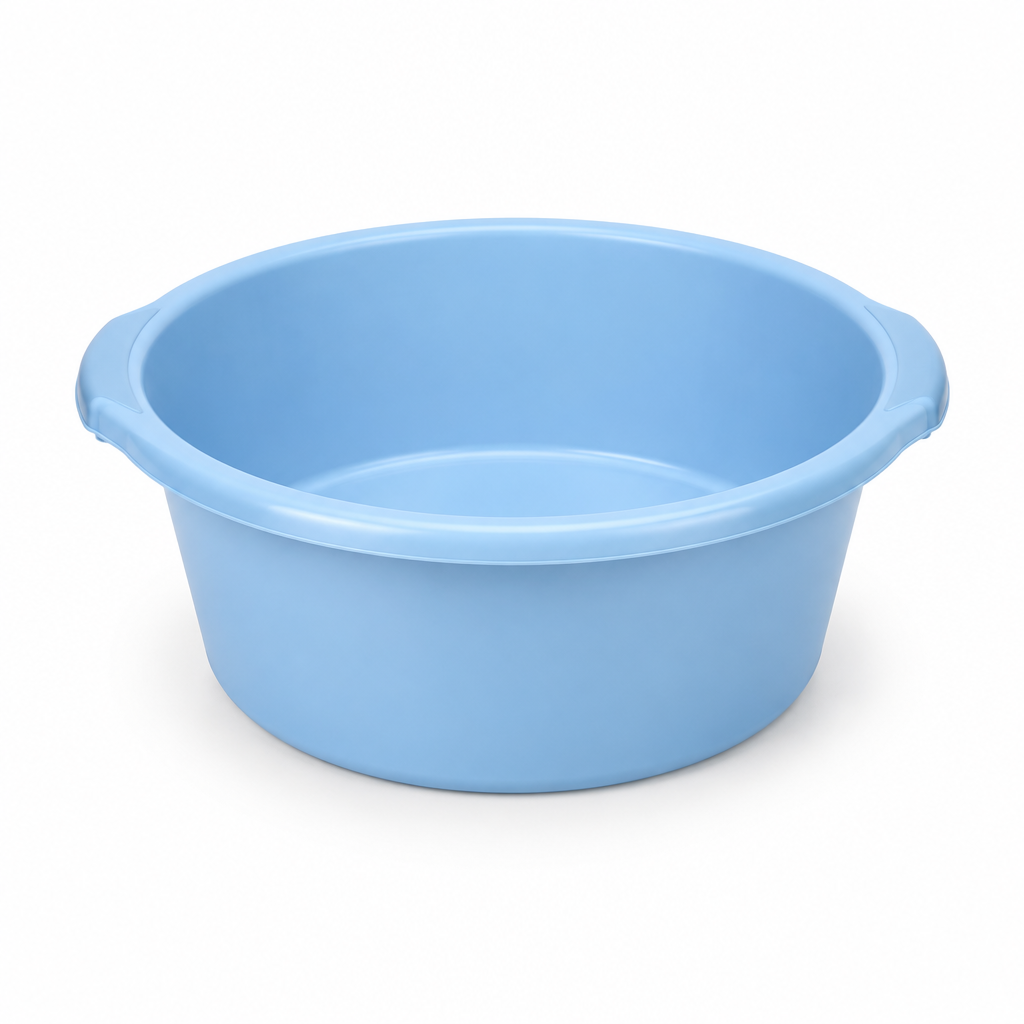 Round plastic household washbasin in pastel blue on a pure white background with comfortable margins