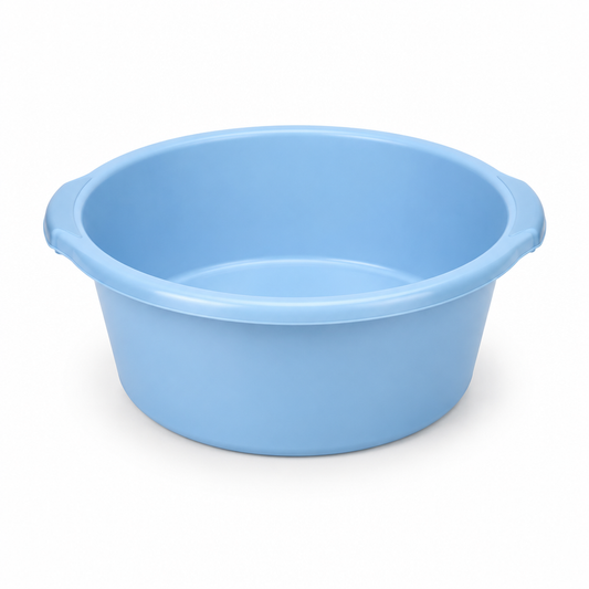 Round plastic household washbasin in pastel blue on a pure white background with comfortable margins