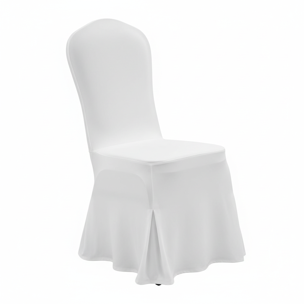 Crisp white polyester stretch hotel banquet chair cover neatly fitted over standard banquet chair showing smooth fabric surface tailored fit and clean hemmed skirt draping to floor on white background, commercial hospitality event chair cover