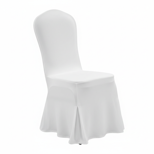 Crisp white polyester stretch hotel banquet chair cover neatly fitted over standard banquet chair showing smooth fabric surface tailored fit and clean hemmed skirt draping to floor on white background, commercial hospitality event chair cover