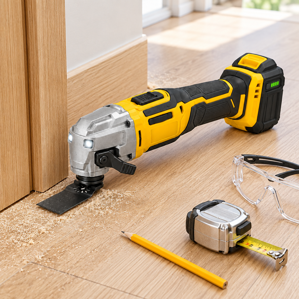 Cordless oscillating multi-tool resting on oak flooring beside an undercut door jamb, fine wood dust, tape measure, and safety glasses