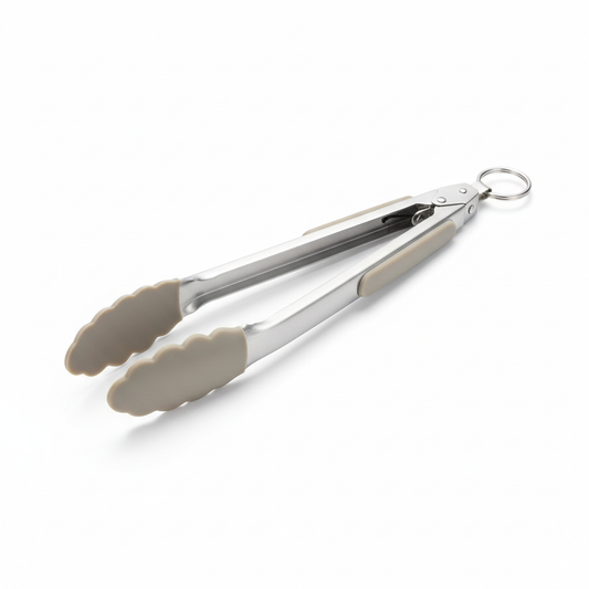 Silicone-tipped stainless steel kitchen tongs with pull-ring lock on pure white background