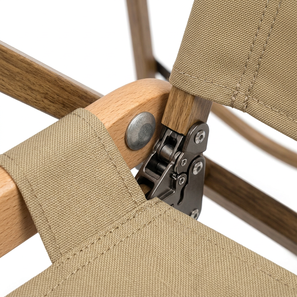 Detail close-up of folding camping chair showing double-stitched fabric sleeves, aluminum folding hinge joints, and beechwood armrest hardware on white background