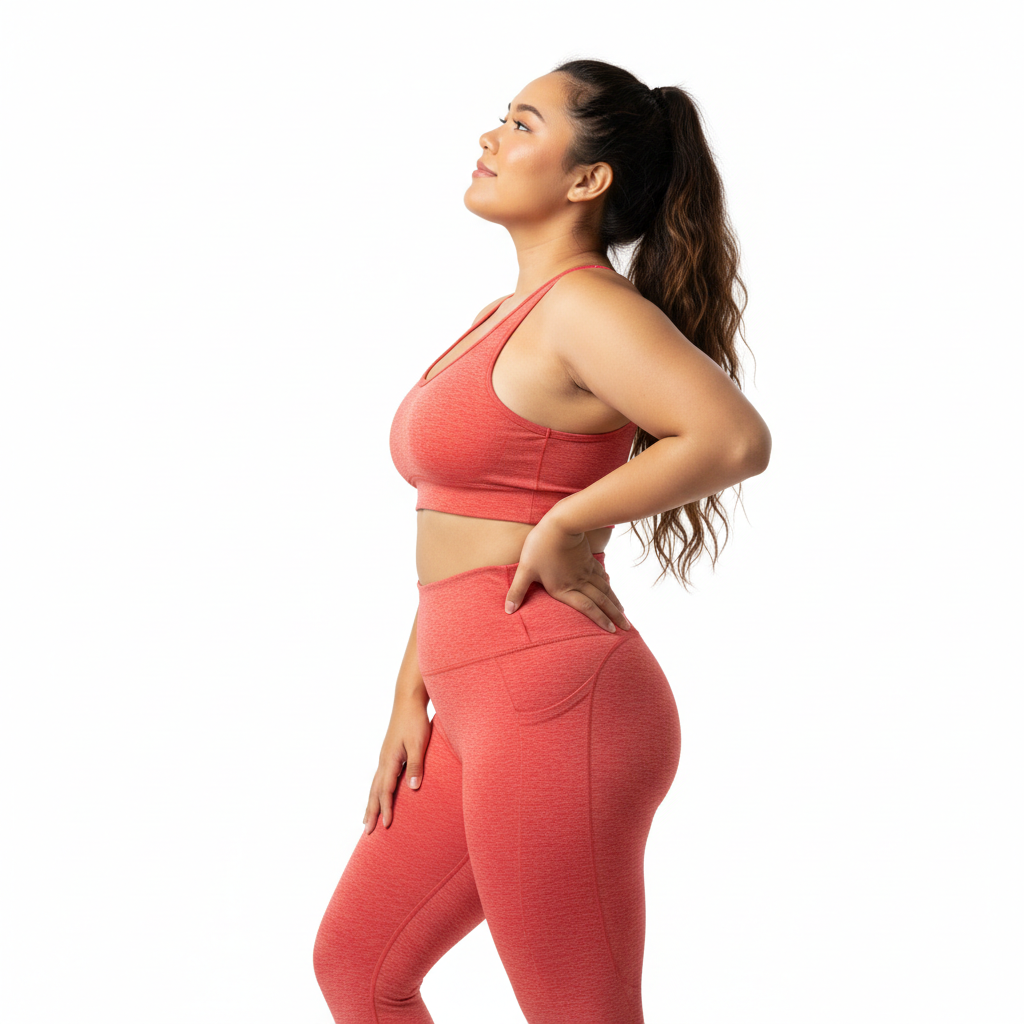 Filipino model wearing coral red ultra high waist leggings side view
