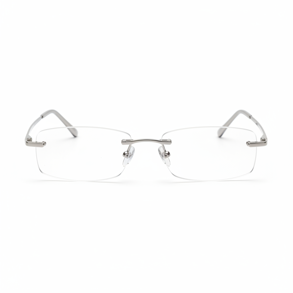 Rimless reading glasses with ultra-slim silver metal temples front view on white background