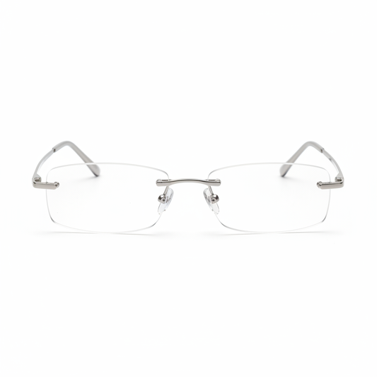 Rimless reading glasses with ultra-slim silver metal temples front view on white background