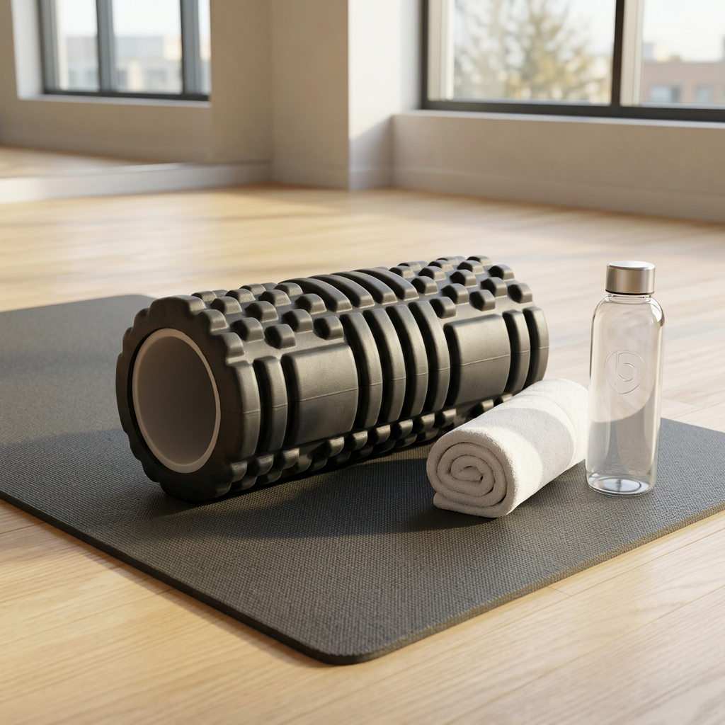 Cylindrical textured foam roller resting on an exercise mat on a gym floor