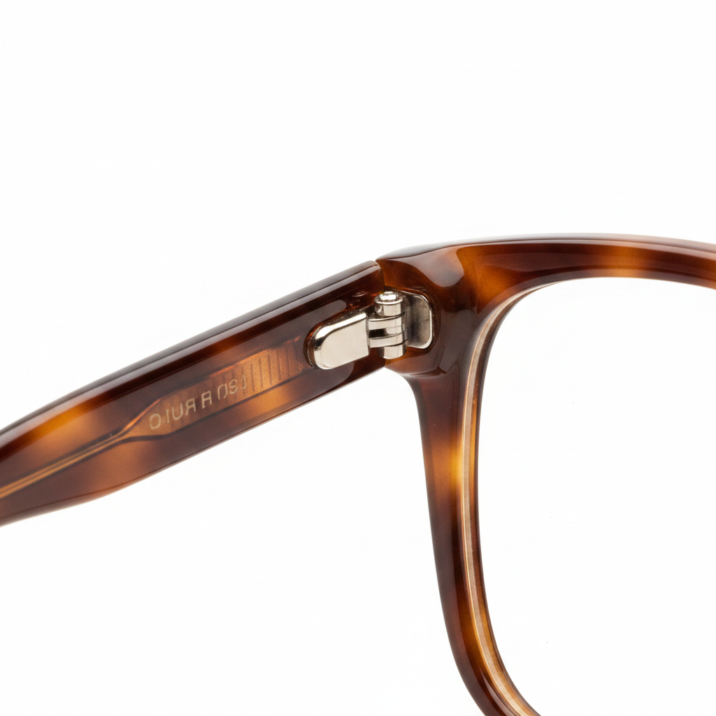 Macro detail of smooth curved rim edges and hinges on oversized soft square reading glasses