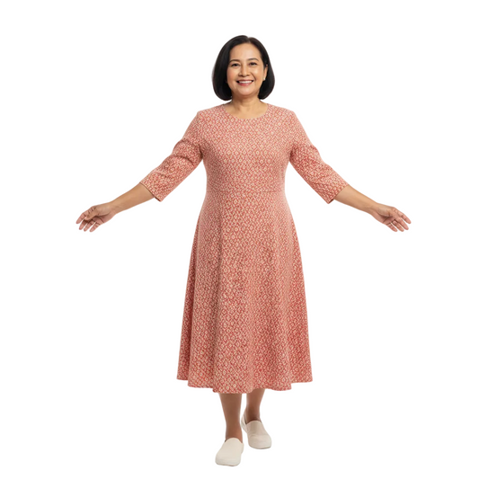 Front view of three-quarter sleeve printed A-line midi dress on white background