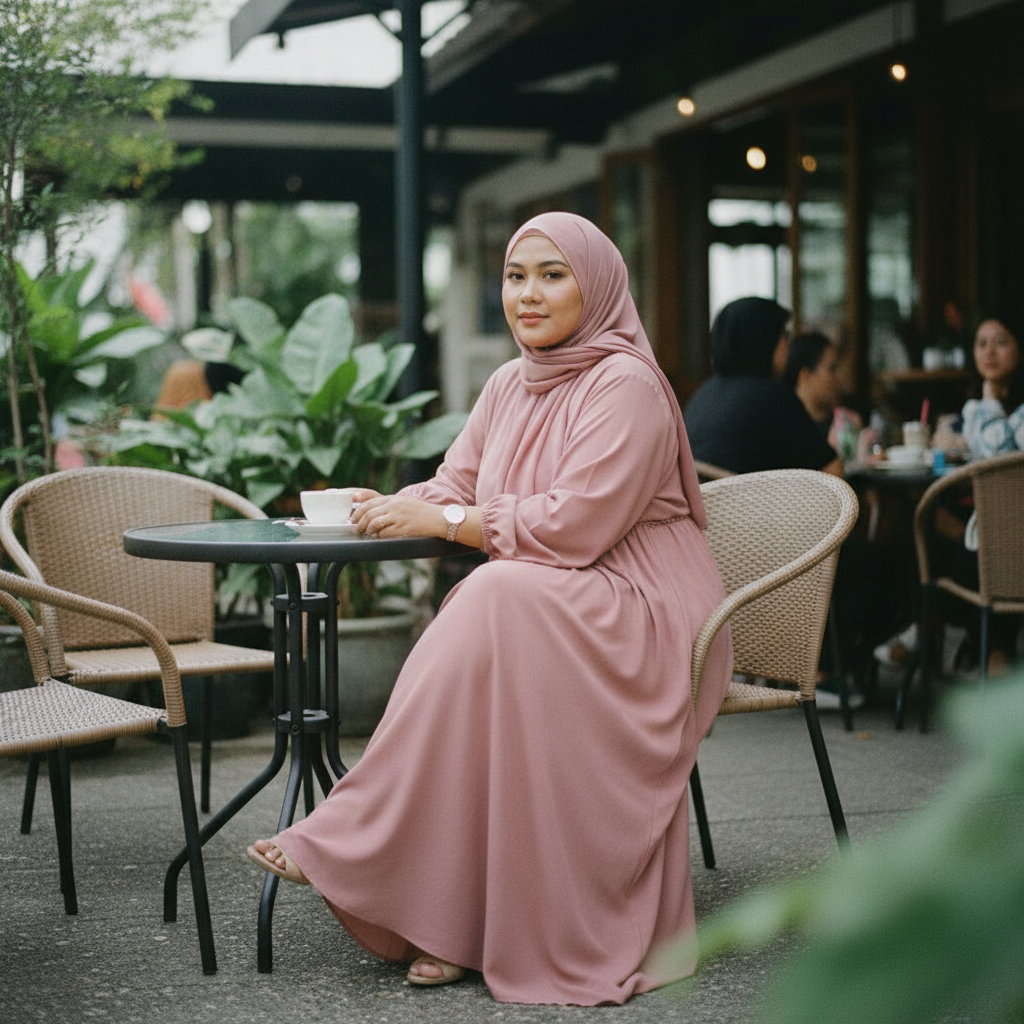 Indonesian Muslim woman dusty rose loose modest maxi dress at cafe