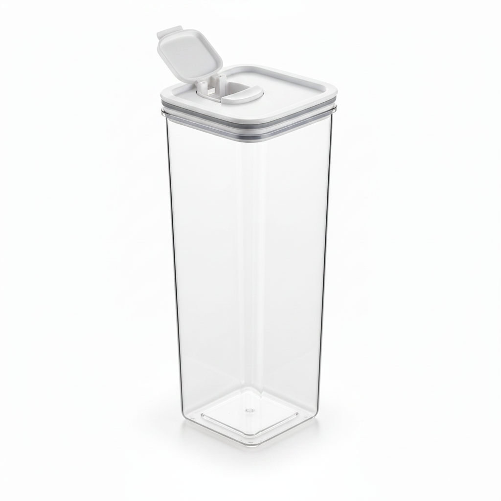 Tall clear grain container standing upright with flip pour spout open on pure white background
