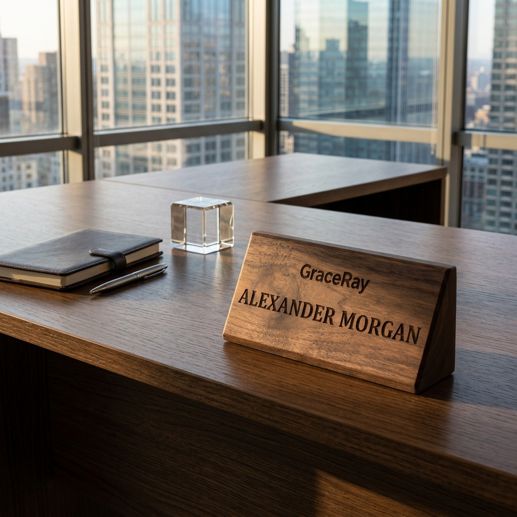 Custom wooden desk name plate placed on an executive office desk in a sunlit corner suite