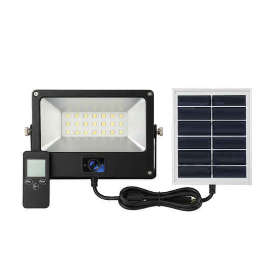 Solar Security Flood Light with Remote Control on pure white background