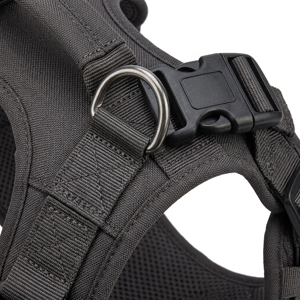 Macro close-up detail of metal D-ring leash attachment point, box-X reinforced stitching, and side release buckle