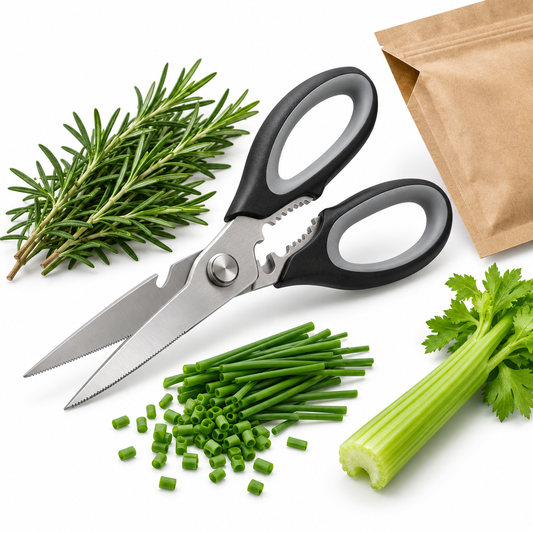 Stainless steel multipurpose kitchen scissors with fresh rosemary snipped chives celery and food pouch on pure white background
