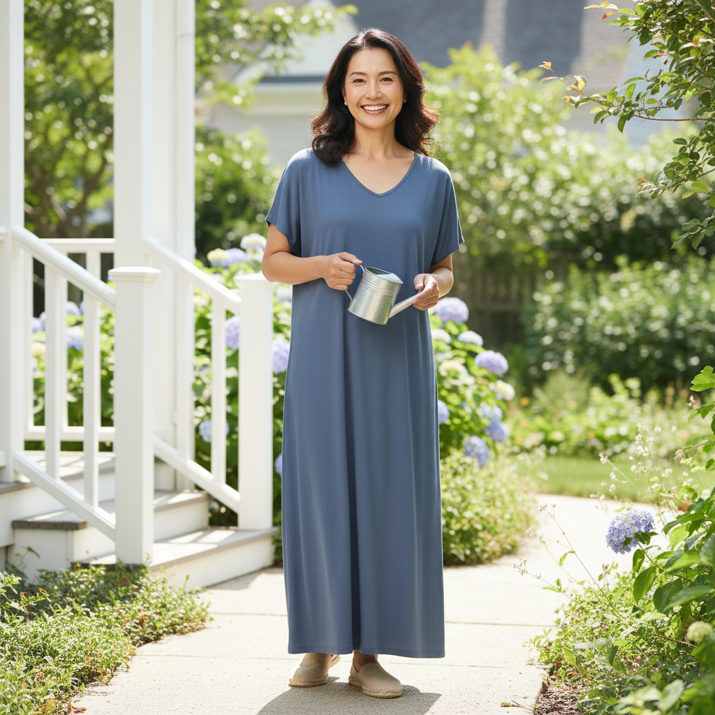 Lifestyle view of solid color V-neck relaxed maxi dress in a sunny suburban garden