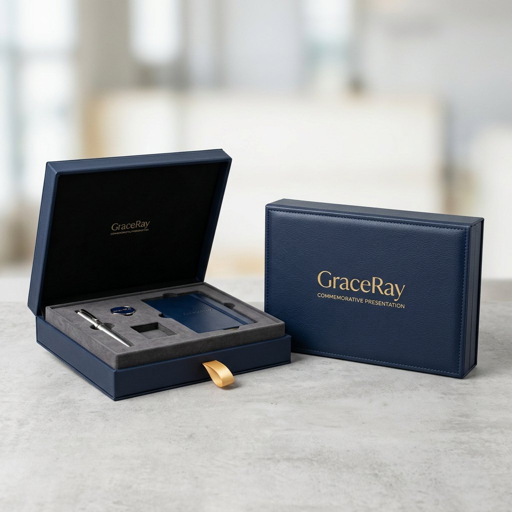 Personalized gift box with a custom logo and structured interior for commemorative gifts.