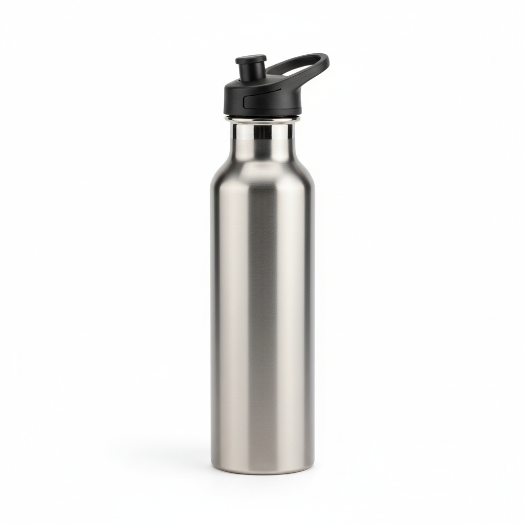 Slim brushed stainless steel sports water bottle with black spout cap on pure white background