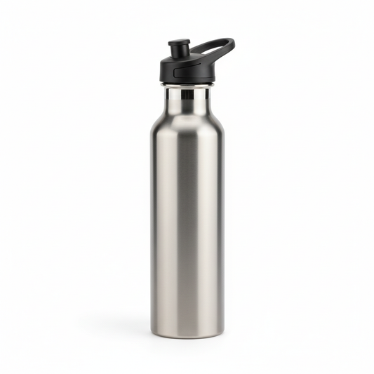 Slim brushed stainless steel sports water bottle with black spout cap on pure white background