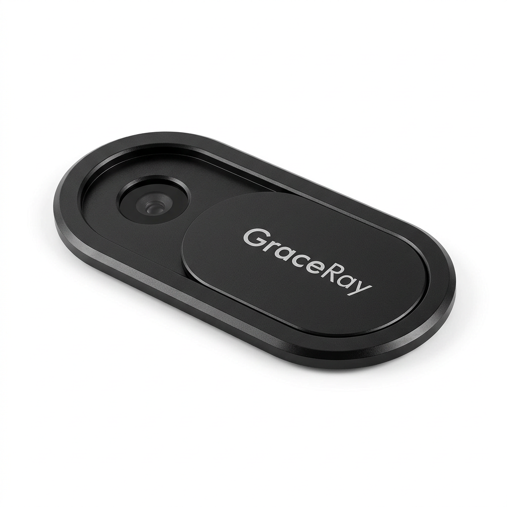 Small sliding webcam cover shown beside a compatible laptop camera.