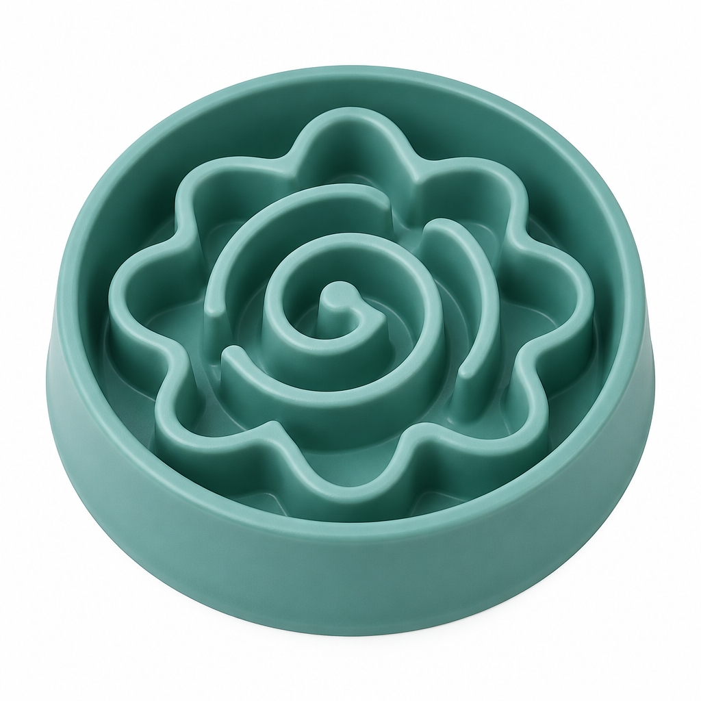 Top-down view of slow feeder dog bowl with flower maze ridges on white background